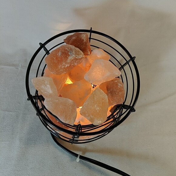 Himalayan Salt Lamp Pink Black Wire Basket Light Accent Lamp Metal Large Big - Picture 12 of 13